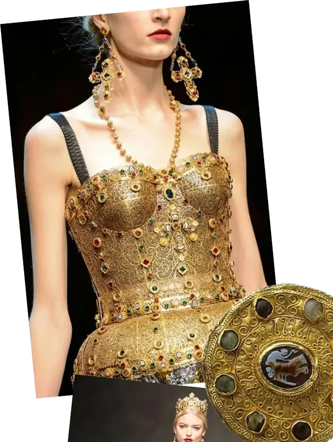 Dolce and Gabbana 2013 runway look with jeweled gold corset and Byzantine cross earrings