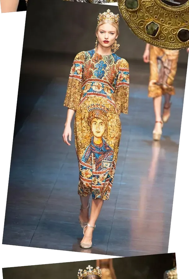 Dolce and Gabbana 2013 runway dress printed with Byzantine mosaic saint imagery