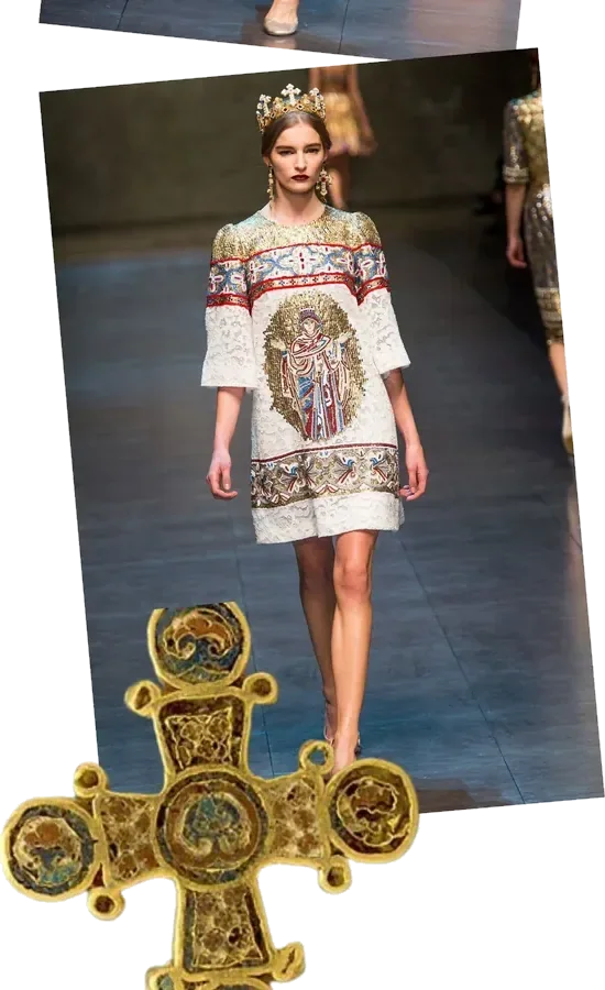 Dolce and Gabbana 2013 white lace runway dress with embroidered Byzantine saint figure and gold crown