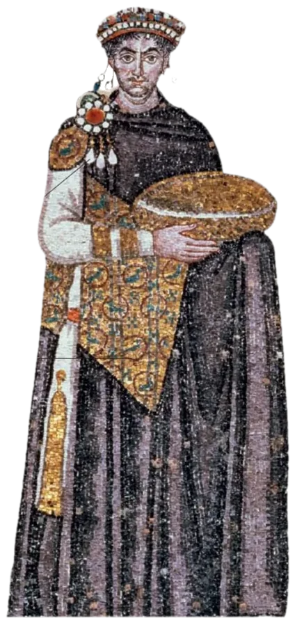 Byzantine mosaic figure in dark robes holding a golden vessel