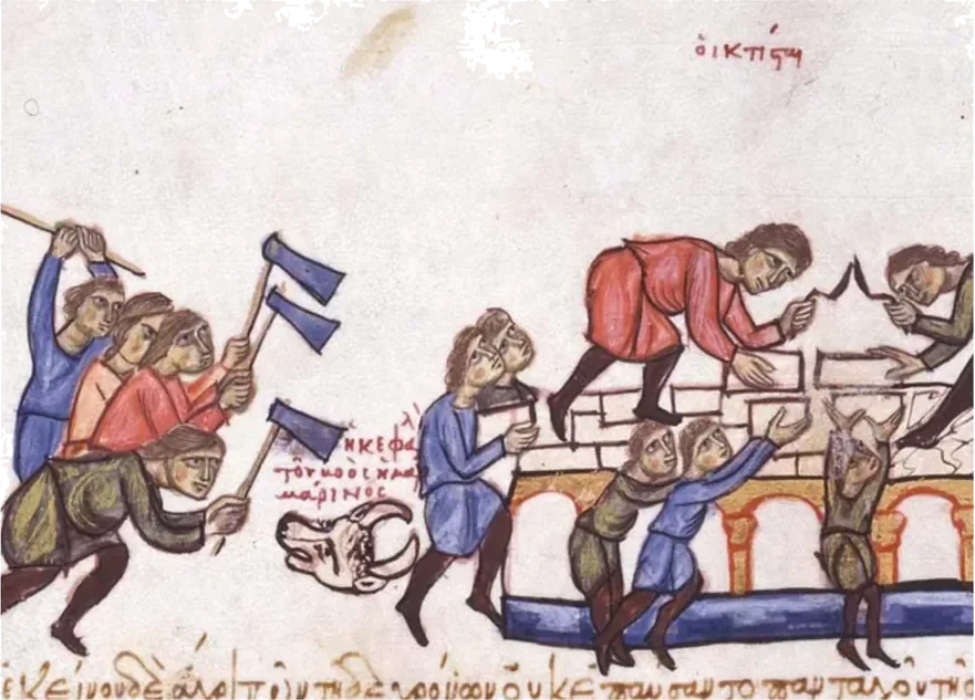 Illustration from the Madrid Skylitzes manuscript showing laborers in simple colored tunics