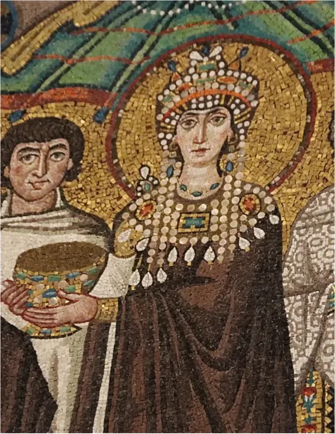 Mosaic of Empress Theodora with jeweled collar and crown, Basilica of San Vitale, Ravenna
